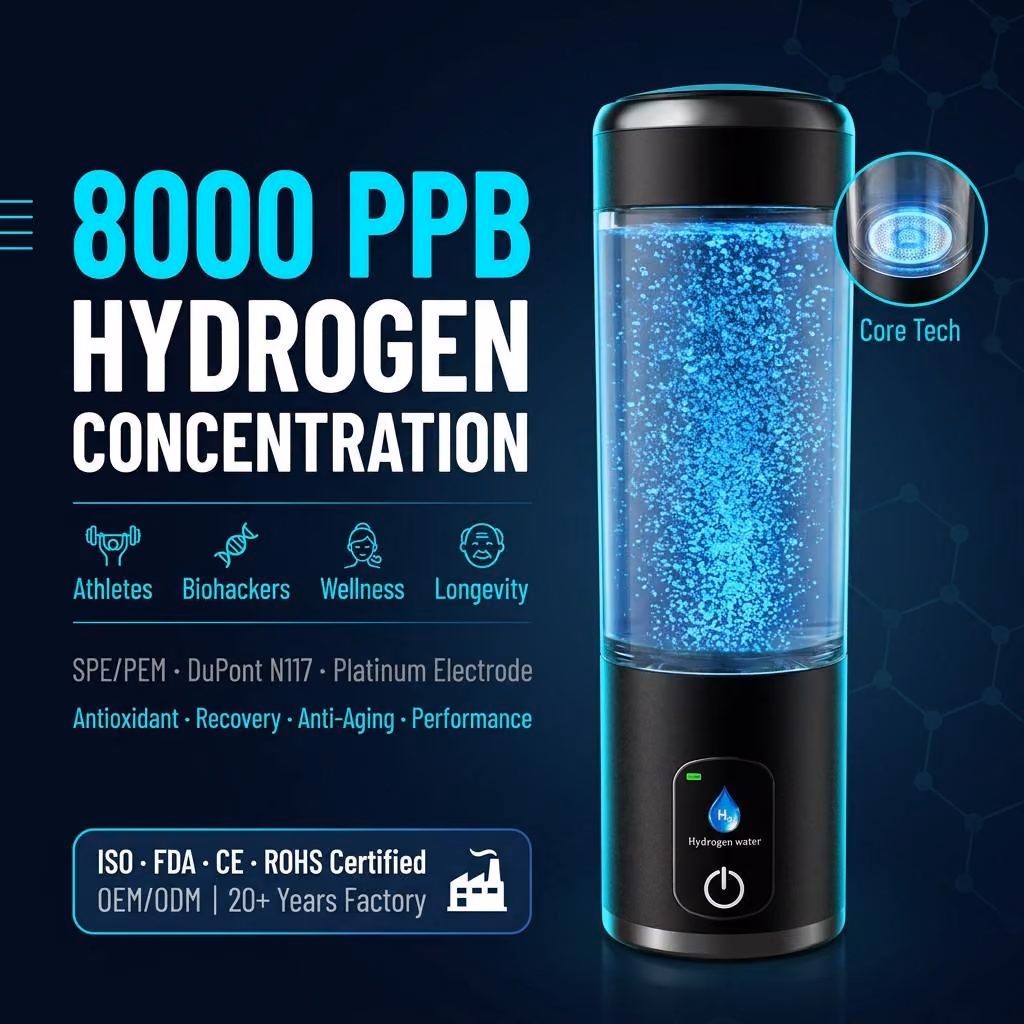 H88 hydrogen water bottle feature image showing 8000 PPB concentration and SPE PEM technology