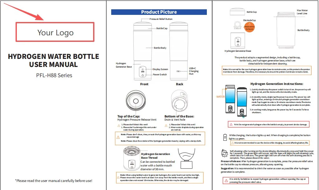 Hydrogen water bottle manual artwork showing custom logo and language areas
