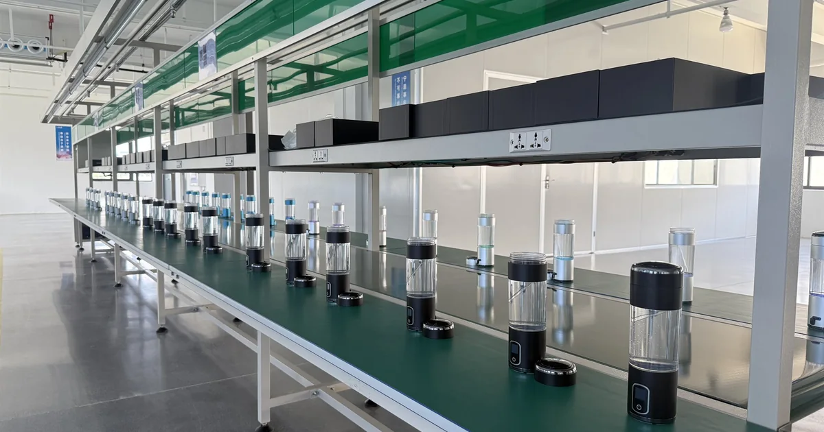 Hydrogen water bottles organized on an OEM production line