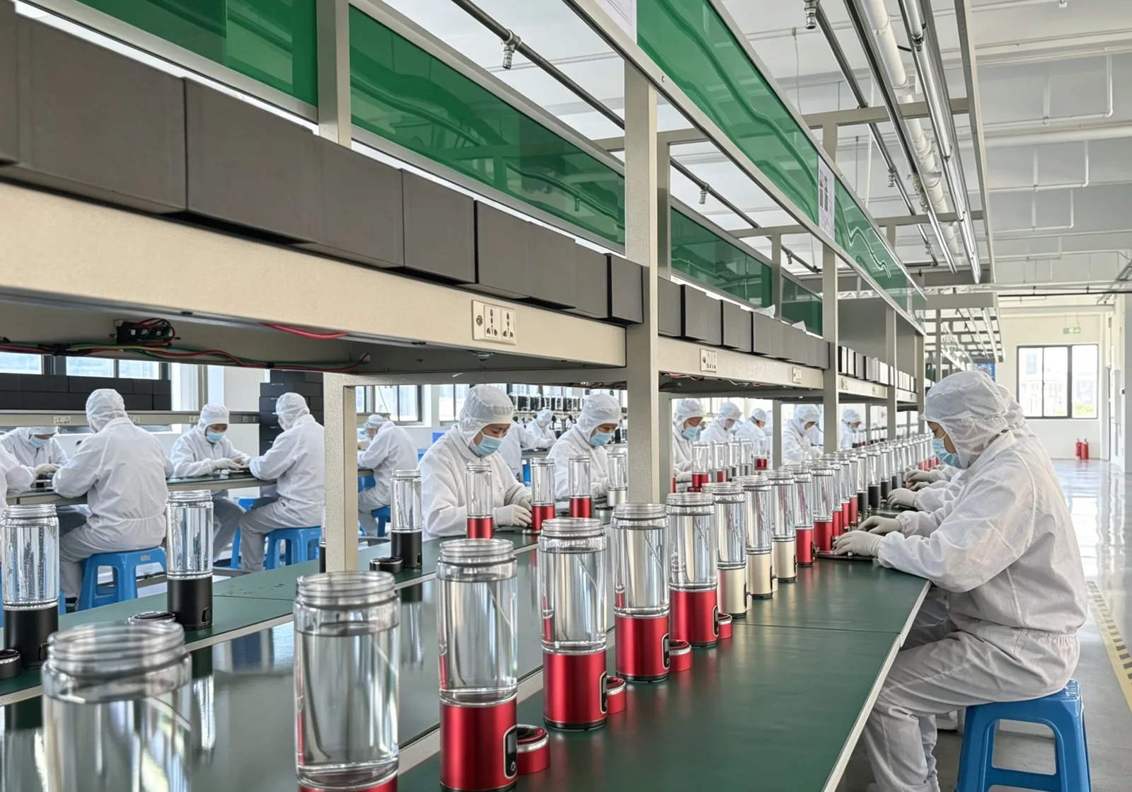 Hydrogen water product assembly workstations in a clean factory environment